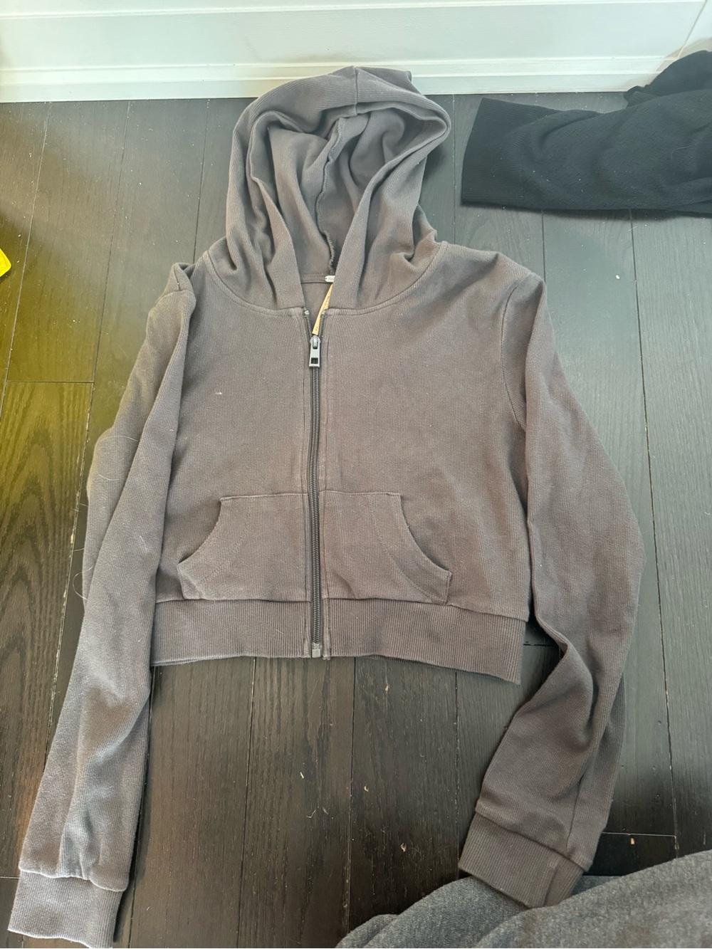 Harlow charcoal gray zip-up hoodie with branded pull